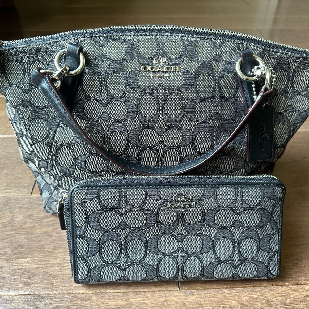 Coach Outline Signature Small Kelsey Black Monogram Canvas Handbag and Wallet